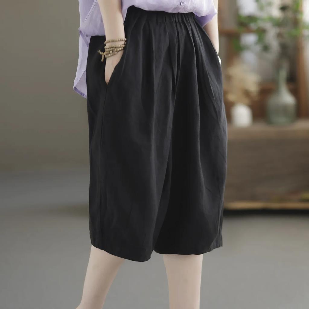 Женские летние однотонные литературные брюки с высокой талией и широкими штанинами в этническом стиле