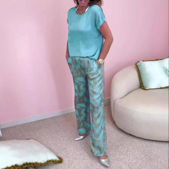 Женский комплект из двух предметов с принтом «бохо», повседневный топ с круглым вырезом и короткими рукавами, широкие брюки, летний комплект для дома