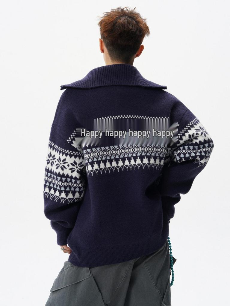 Мужской рождественский кардиган-свитер с жаккардовым узором Fair Isle, с молнией до середины и воротником-стойкой