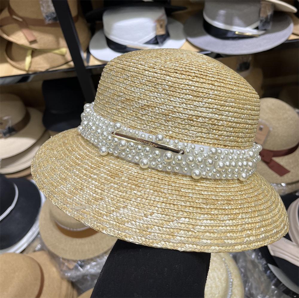 Винтажная соломенная шляпа с жемчужной отделкой, соломенная шляпа-колокол с широкими полями, солнцезащитная соломенная шляпа-цилиндр, женская шляпа Xia Hepburn, элегантная пляжная шляпа