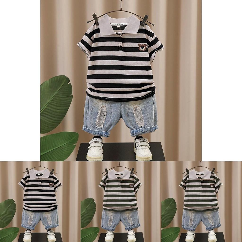 Trendy Black Gray And Green Gray Children's Summer Polo Shirt Set For Boys Aged 3 To 8