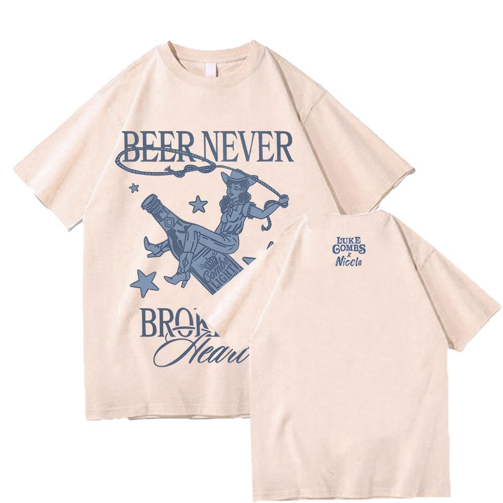 Beer Never Broke My Heart Tee Luke Combs Music Man Woman Harajuku O-Neck Short Sleeve T Shirts Fans Tee Cotton Top