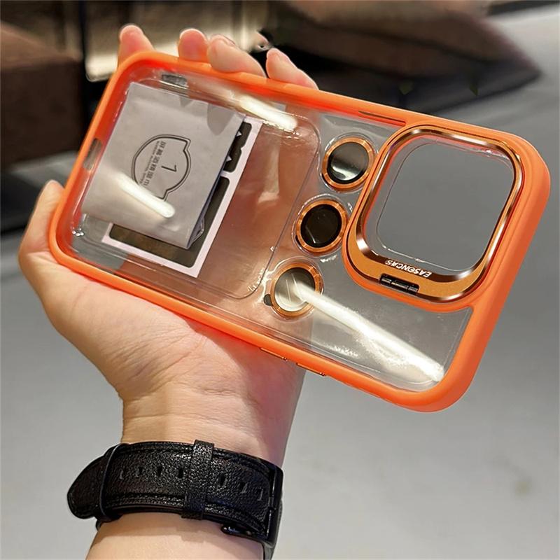 Роскошный полый чехол-подставка для камеры для iPhone 15, 14, 13, 12 Pro Max 11, прозрачный гибридный кронштейн с пленочным чехлом для объектива для iPhone 15
