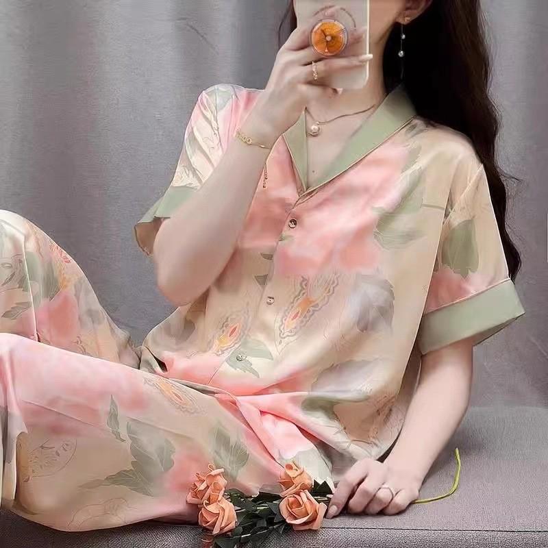 Женская шелковая пижама с цветочным принтом - С длинным рукавом, тонкая и стильная корейская домашняя одежда для весны/осени