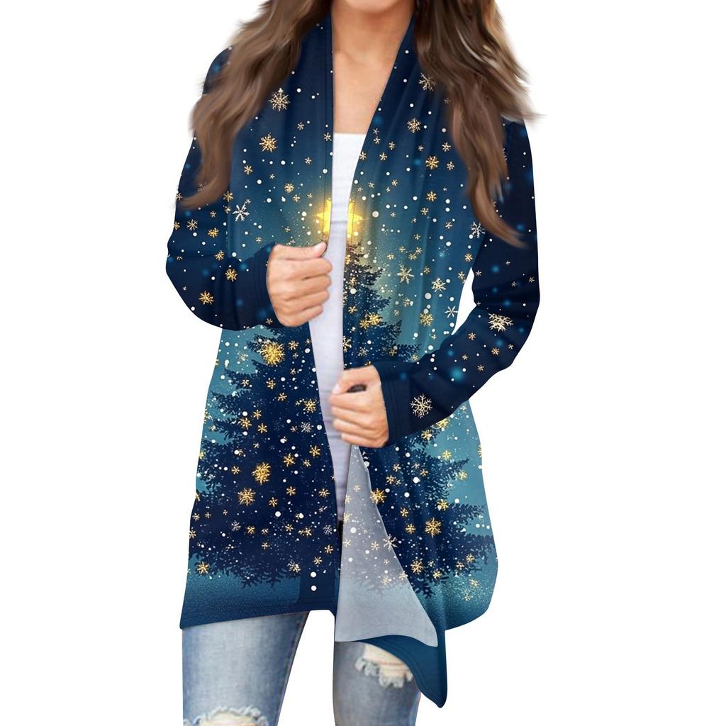 Women's Fashion Christmas Print Jacket Long Sleeve Casual Cardigan Coat