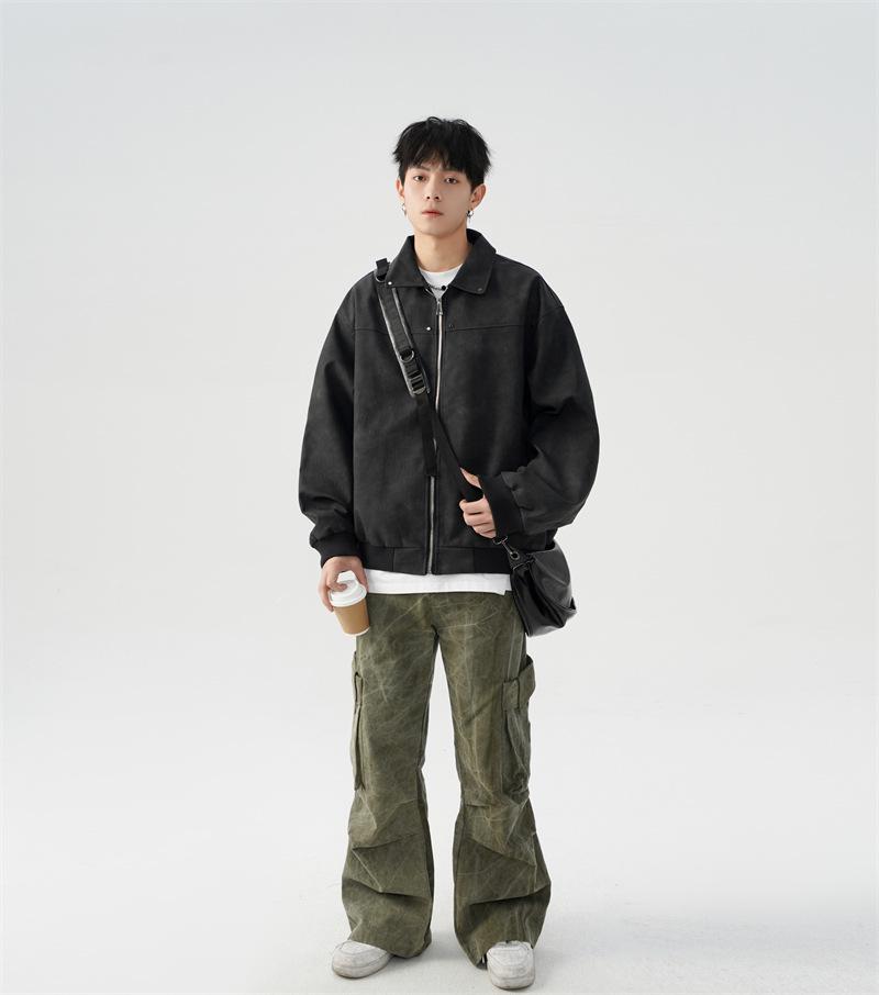 Унисекс Американская Ретро Куртка Maelard: Весенне-осеннее кожаное пальто мотоциклетного стиля с отложным воротником и заклепками.