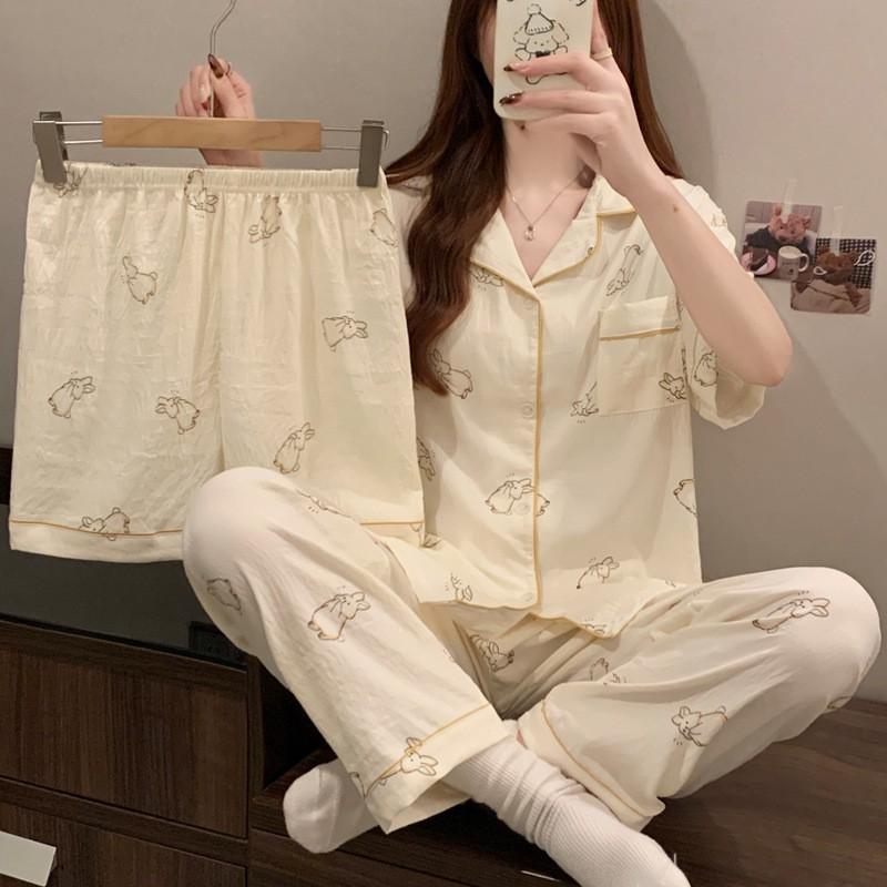 Womens Cloud Cotton Pajama Set Short Sleeve Bow Loose Loungewear 3pcs