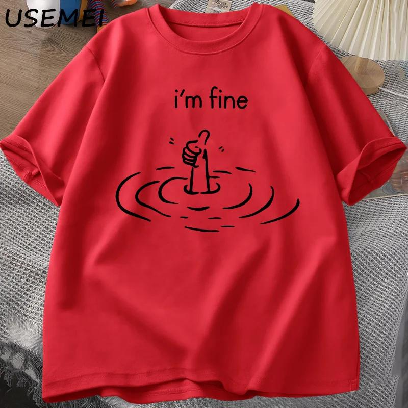 I'm Fine Back Print T-shirt Women Funny Mental Health T Shirt Humor Short Sleeve Loose Tshirt Loose Fashion Tees