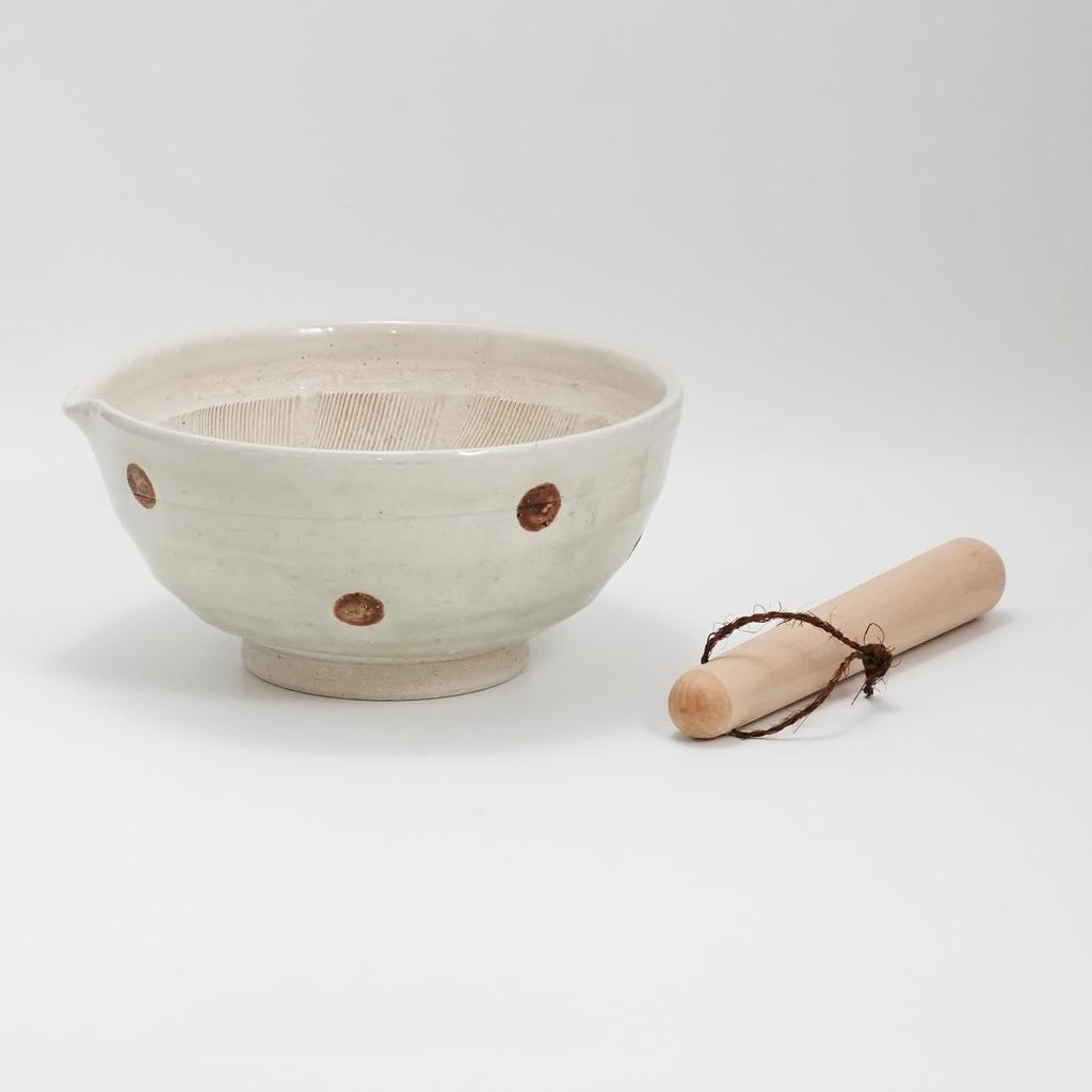 Fukubeya Retro and Cute Polka Dot Sesame Mortar, 18cm Diameter, with Pestle - Rustic Ceramic Design That Blends In with Your Kitchen (Hiwa Polka Dot)