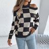 Женский повседневный свитер с длинным рукавом, контрастной клеткой и открытыми плечами