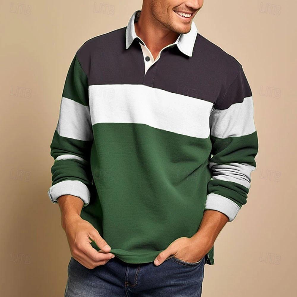 Мужской повседневный свободный топ с цветным блочным принтом, лацканами и длинными рукавами на пуговицах