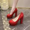 Fashion Luxury Round Toe Slip-On Square Heeled Pumps High Heel Patent Leather Ladies Zapatos Mujer 2024 Plus Size 40 Women Dress Shoes