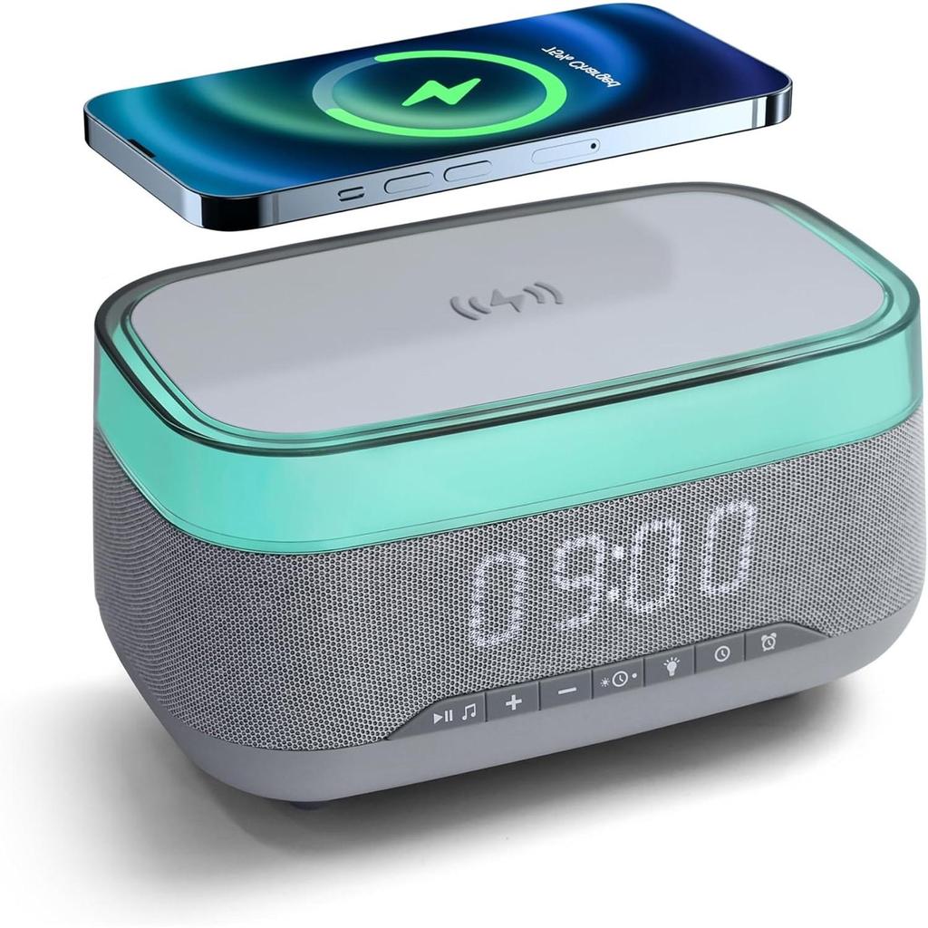 Alarm Clocks for Bedrooms Night Light Bluetooth Speaker Sound Machine Dimmable LED Display Fast Wireless Charger Station