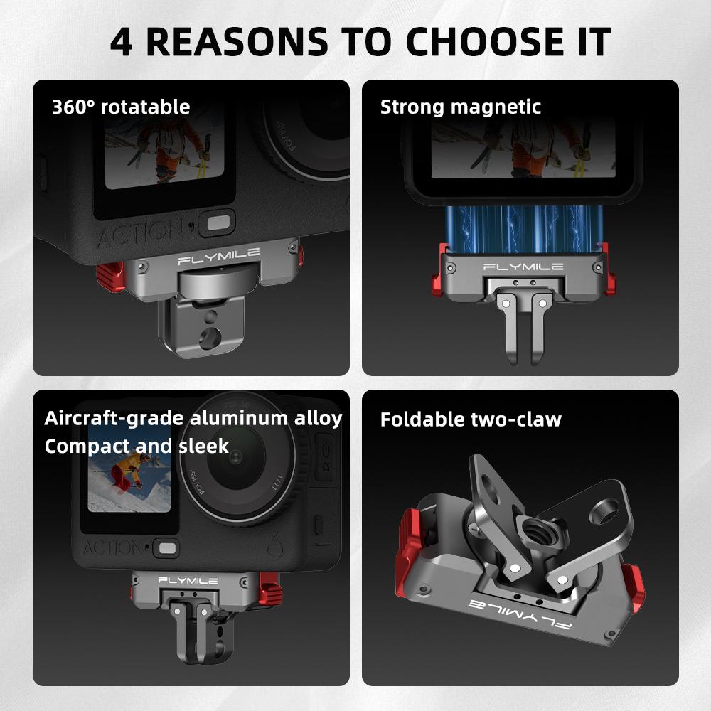FLYMILE For DJI Osmo Action 6 / Nano Magnetic Quick Release Mount 360° Rotating Aluminum Alloy Base Dual Port Design