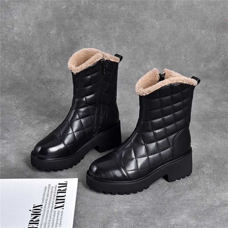 Coarse Heel Snow Boots Women's Soft Leather Korean Version Fleece Short Boots Women's Low Heel Medium Boots Winter Thickened Boots Wool Boots