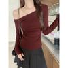 Burgundy White Off-shoulder Sexy Pure Desire Off-shoulder Long-sleeved T-shirt for Women In Autumn Hot Girl Pleated Waist Bottoming Top