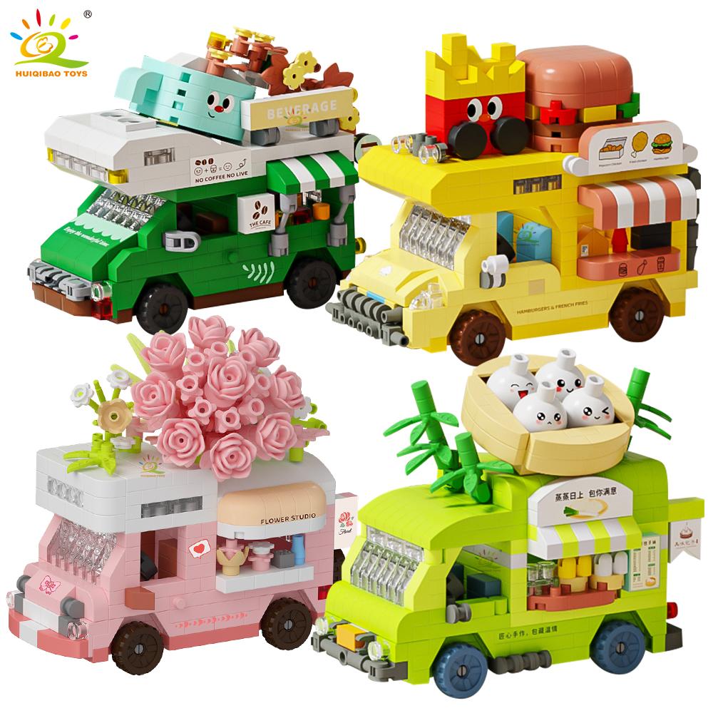 HUIQIBAO Модель фургона с уличной едой Микро строительные блоки MOC Фургон цветочного магазина Набор кубиков Милое украшение Декоративная игрушка для ребенка Девочки