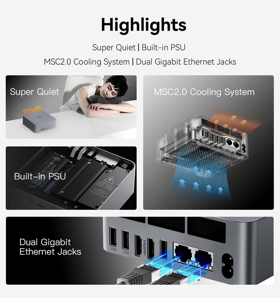 Beelink Ryzen 7735HS mini power 24 ГБ DDR5 RAM 500 ГБ SSD небольшой ПК с двумя улучшенными функциями охлаждения и 2 экранами одновременно, встроенный M.2 PCle4.0 4,75 ГГц