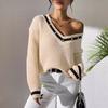 Autumn and Winter Women's Color Contrast Stitching V-neck Long Sleeve Beaded Casual Sweater