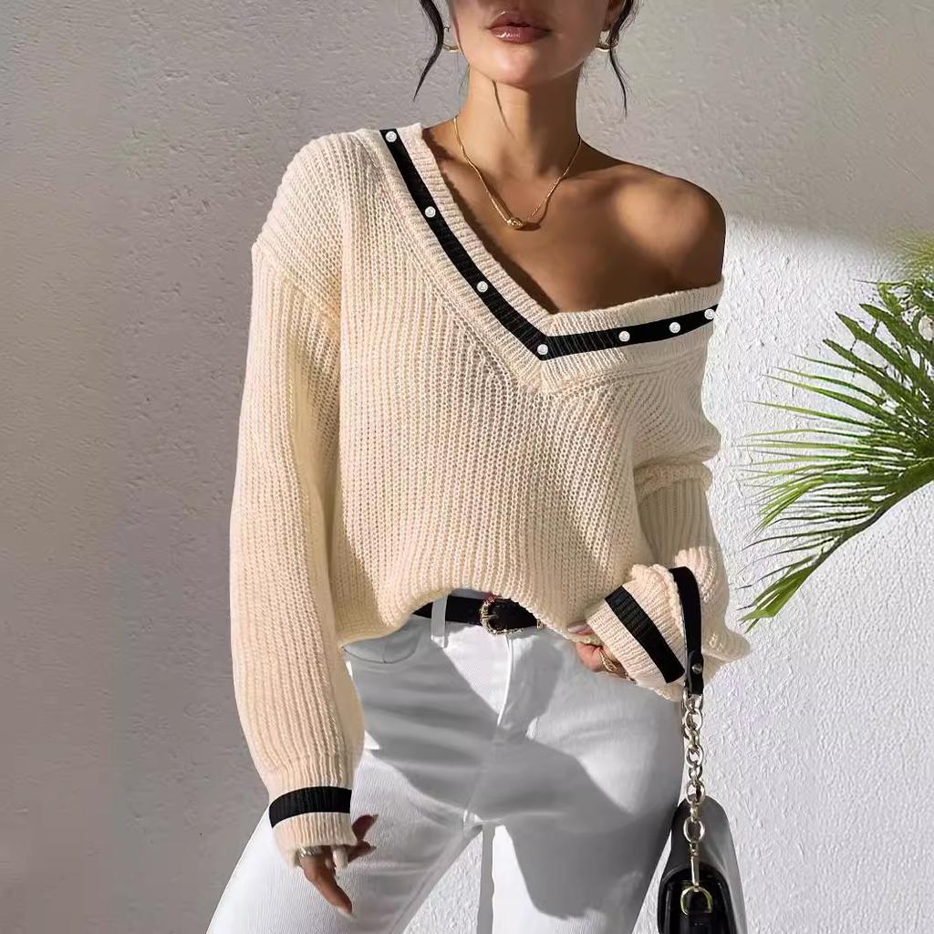 Autumn and Winter Women's Color Contrast Stitching V-neck Long Sleeve Beaded Casual Sweater