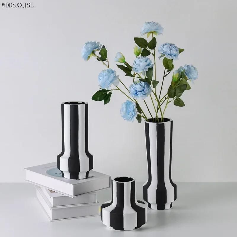 Modern Simplicity Black and White Striped Ceramic Vase Decoration Home Living Room Flower Arrangement Vase Decoration