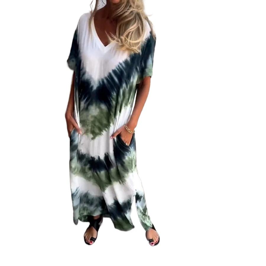 Casual Beach Maxi Tie Dye Printed Dresses Women's Spring Summer Short Sleeve V-neck Plus Size Long Dress