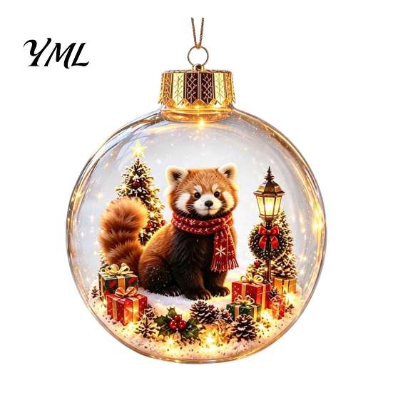 Warm Light Christmas Scenes 3D Animal Faux Crystal Ball Ornament, Lighted Acrylic Hanging Decor Indoor Party Accents with Hedgehog Penguin Panda, LED