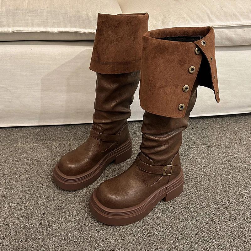 Женские зимние ботфорты с шипами, квадратный каблук, круглый носок, средний каблук, ботинки-рукава, уличная повседневная модная обувь 2025