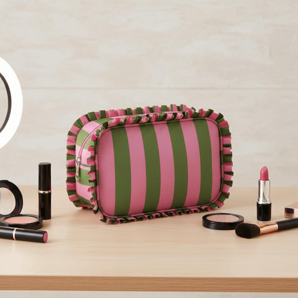 Ruffle Decoration Striped Cosmetic Bag Colorful Travel Zipper Pouch Bathroom Storage