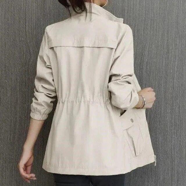 Women Trench Coats Casual Lapel Drawstring Windbreake Spring Loose Gabardina Khaki Mid-length Jacket Big Size