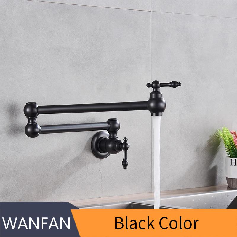 Black Wall Faucet Double Joint Spout Folding Stretchable Swing Arm Wall Kitchen Faucet Single Hole Two Handle Kitchen Sink