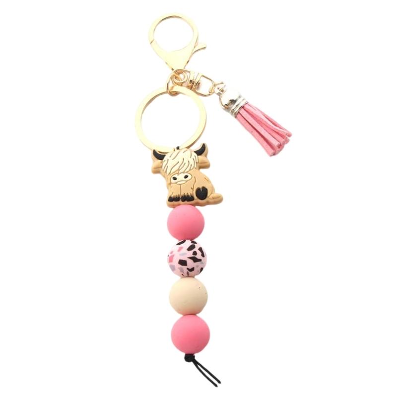 Брелок с шотландской высокогорной коровой с кисточками и силиконовыми бусинами. Животное. Модный держатель для ключей, подвеска для женщин и мужчин.