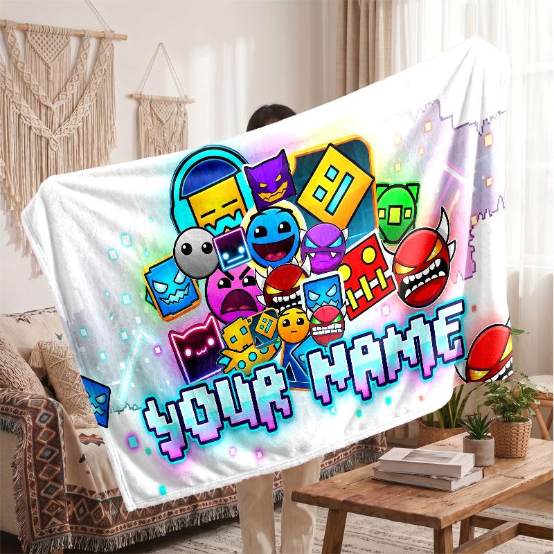 Geometry Dash Personalized Flannel Blanket, Custom Printed Text Name, Warm Soft Blanket For Couch Bed