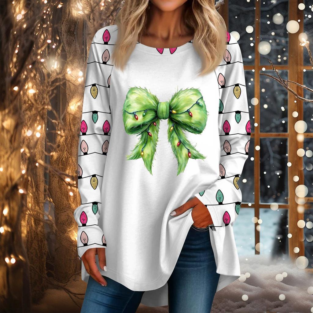 Женская повседневная футболка больших размеров с длинными рукавами и круглым вырезом с рождественским принтом, топ, пуловер