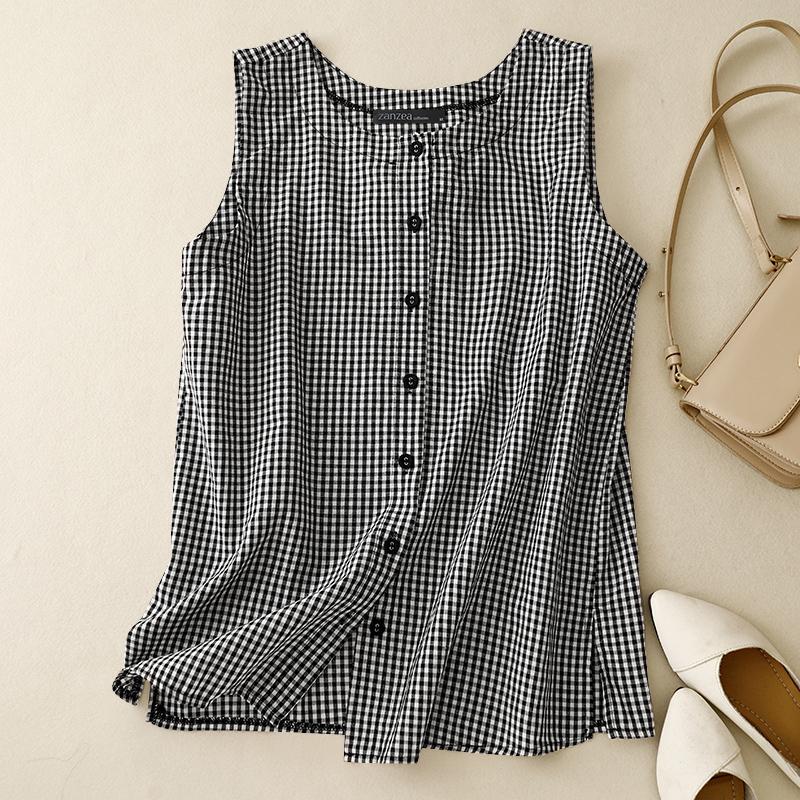 ZANZEA Женские летние рубашки без рукавов с круглым вырезом в контрастную клетку