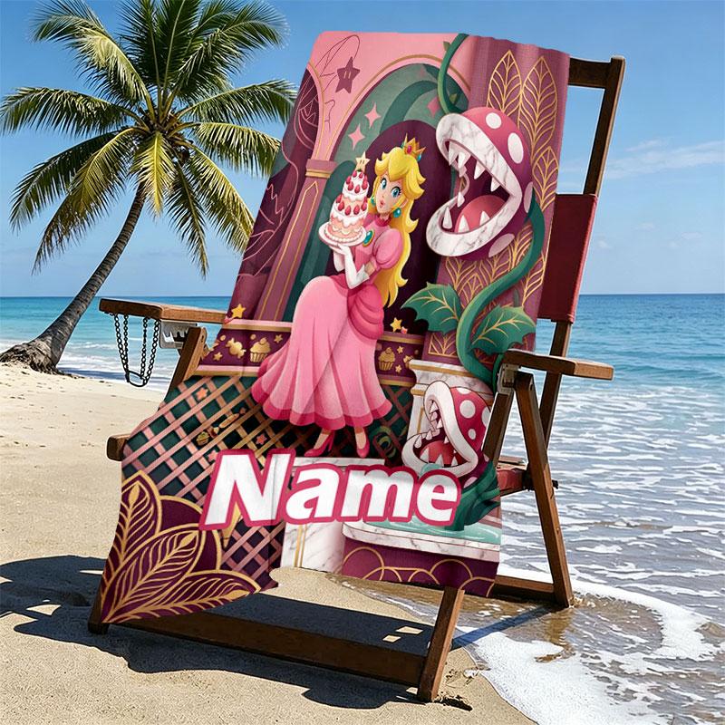Custom Name Personalized Princess Peach Toadstool Print Beach Towel, for Trip Camping Beach Party Home Decor, Birthday Gift for Family & Friends