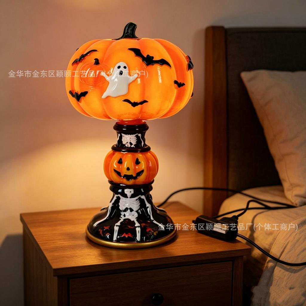 Halloween Decor LED Light Up Ghost Bat Pumpkin Lamp Resin Craft Creative Home Table Decor