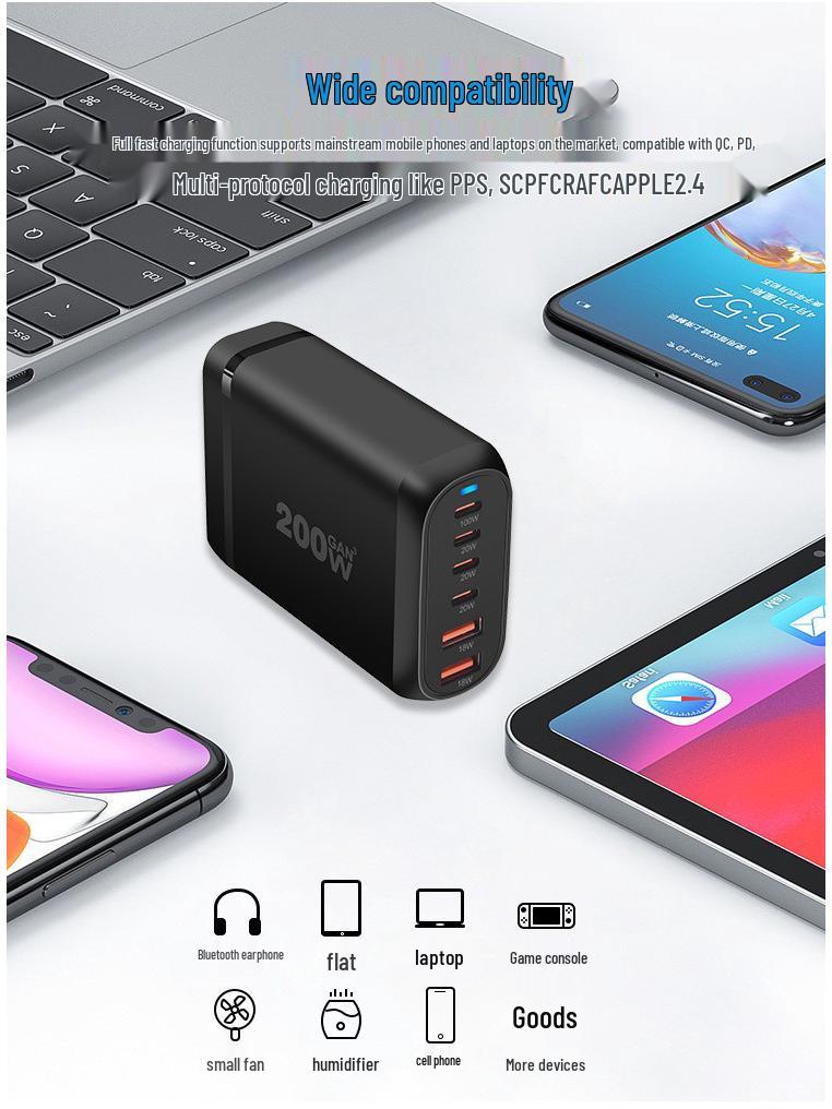 200W GaN Multi-Port PD Fast Charger with 2A4C Ports for Phones & Laptops