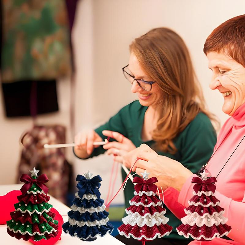 Набор для вязания крючком рождественской елки своими руками – Набор для изготовления праздничного декора ручной работы, Набор для начинающих, Бант для елки, Жемчужное украшение