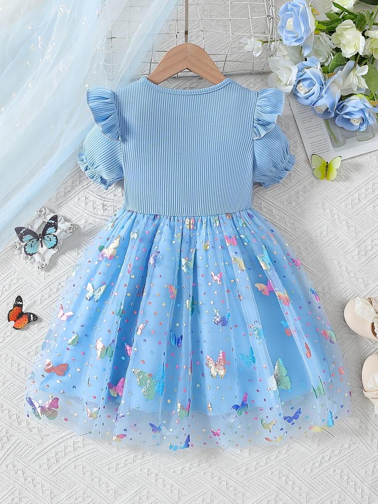 Girls Ruffle Short Sleeve Butterfly Tulle Dress Kids Spring Summer Daily Birthday Party Princess Dress