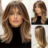Brown Blond Synthetic Wigs with Bangs Layered Wavy Hair Heat Resistant Fibre for Daily Cosplay
