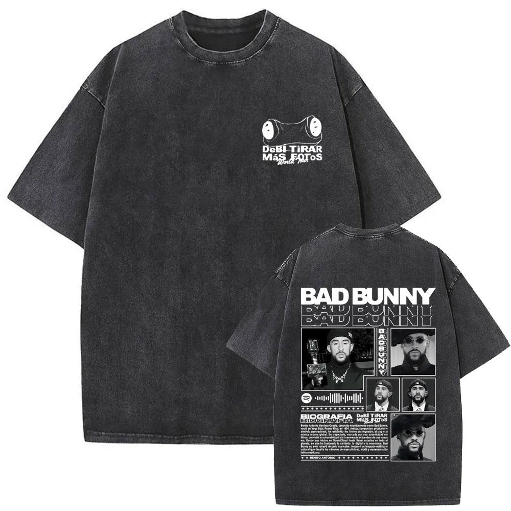 Rapper Bad Bunny Vintage Washed Tshirt Debi Tirar Mas Fotos DTMF World Tour T Shirts Men Women Fashion Hip Hop Tshirts