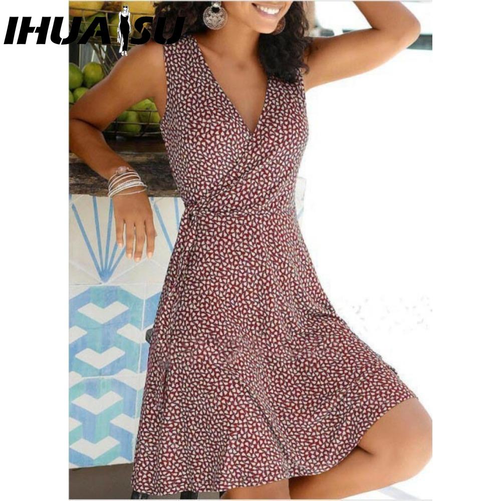 IHUASU Платье в горошек с принтом женское без рукавов бандажное пляжное платье летние богемные платья для женщин повседневные платья с V-образным вырезом женский халат