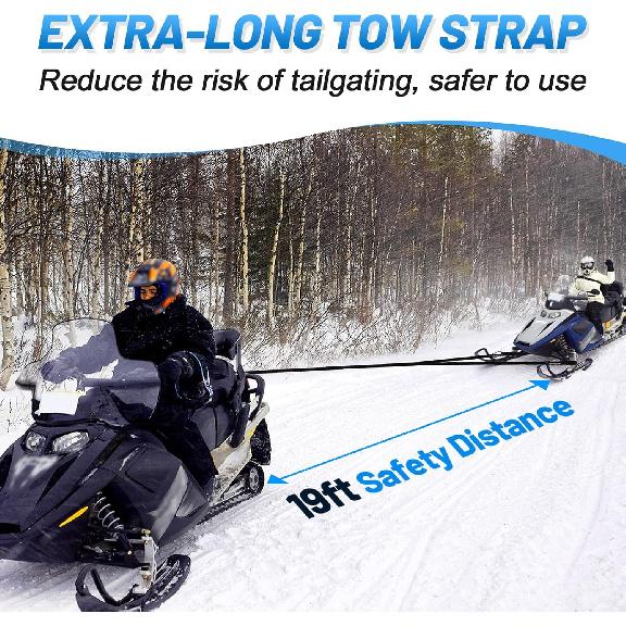 Extra Long 19Ft Snowmobile Tow Straps - 4400Lbs Break Strength Heavy-Duty ATV Towing Rope With Stainless Steel Hooks For Sled Snowboards Emergency