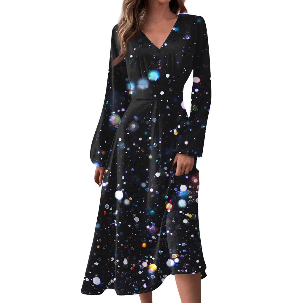 Женские весенне-осенние повседневные модные длинные платья с v-образным вырезом и длинным рукавом с градиентным принтом