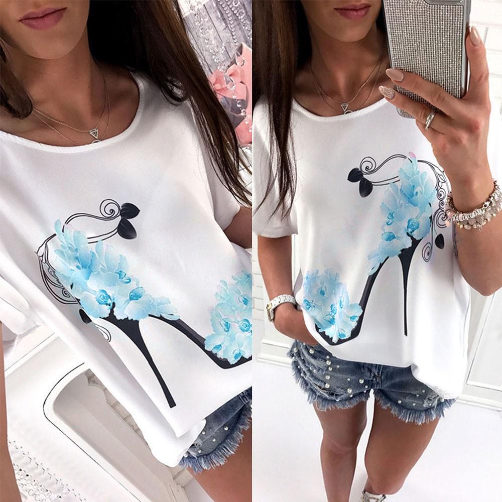 Women's Loose T-shirt Sleeves High Heels Printed T-shirt Short-sleeved Top