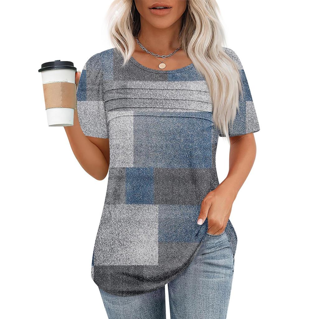 T Shirts For Women Pleated Round Neck Dressy Casual Blouses Printing Short Sleeve Summer Tops Loose Fit