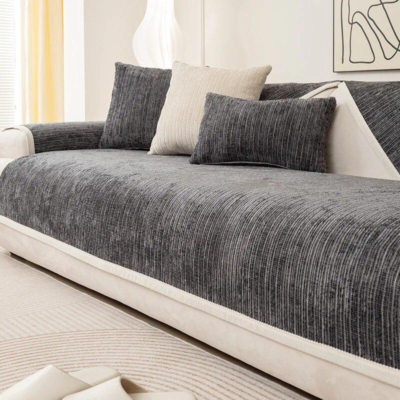 Simplicity Striped Chenille Anti-scratch Couch Cover Solid Color Four Seasons Universal Sofa Cover Living Room Non-slip Sofa Mat