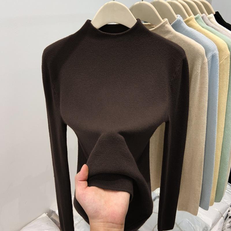 Утепленный теплый флисовый вязаный свитер с полувысоким воротником, женская весенняя мягкая восковая базовая рубашка, однотонный топ