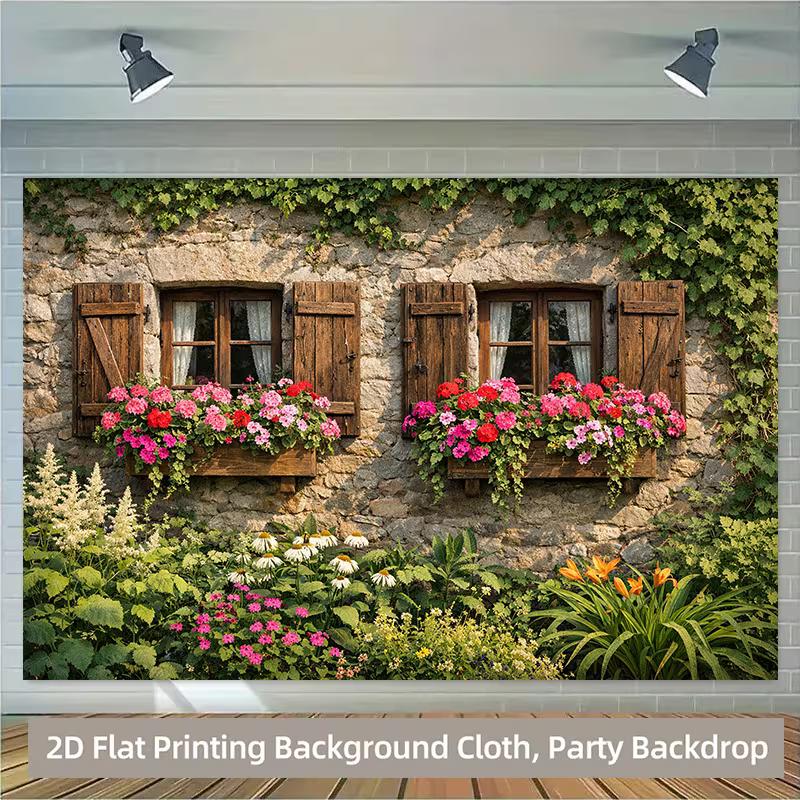2D Vintage Ivy Wall Backdrop, Countryside Window with Flowers Party Background